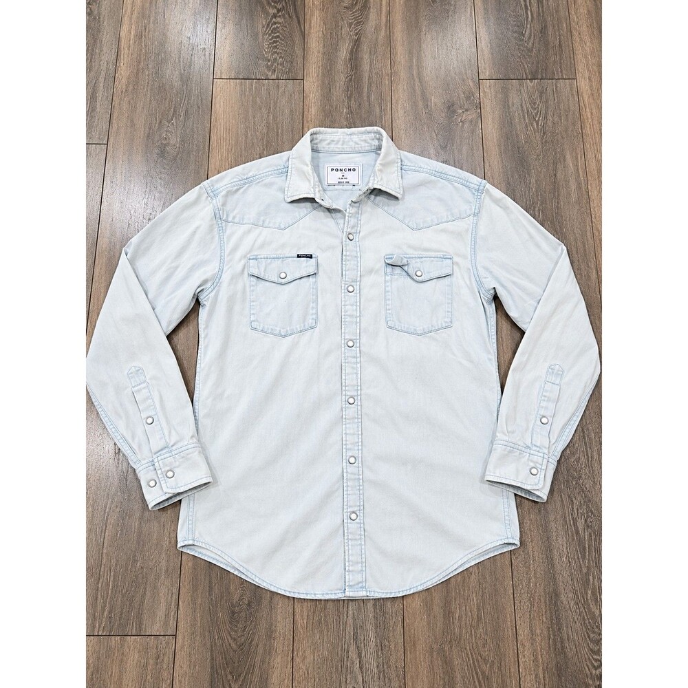 Poncho Mens XL Regular Fit Light Wash Denim Western Pearl Snap Shirt Blue